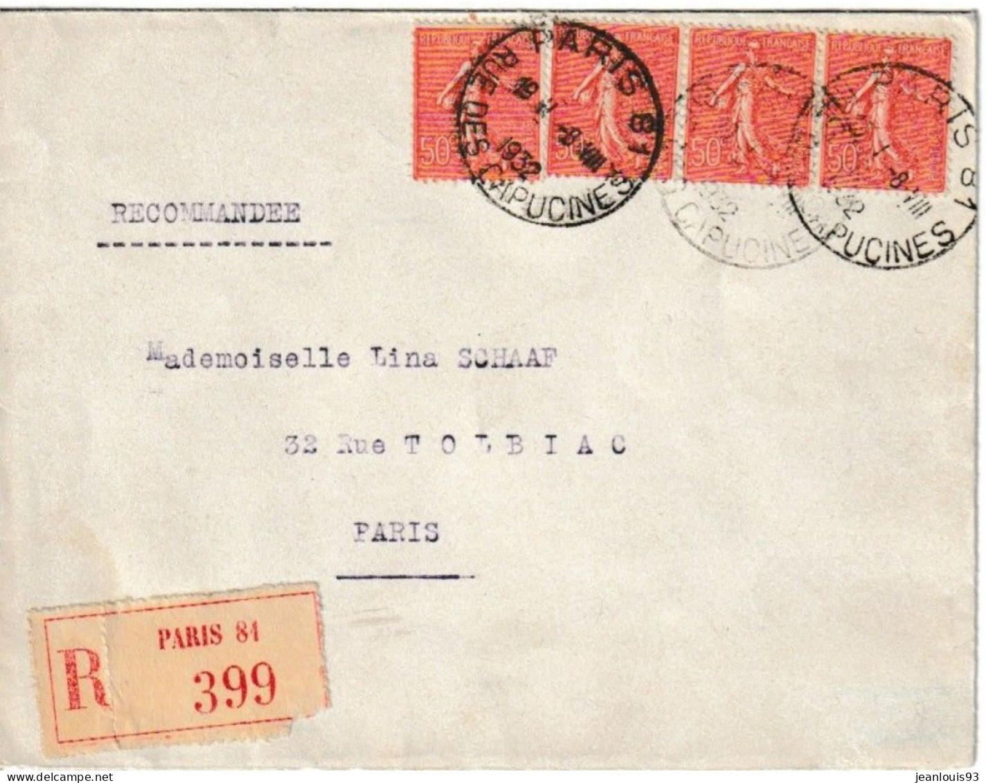 FRANCE - LETTRE SEMEUSE RECOMMANDEE AFFR PNEUMATIQUE AU TARIF 2 F - Lettres & Documents