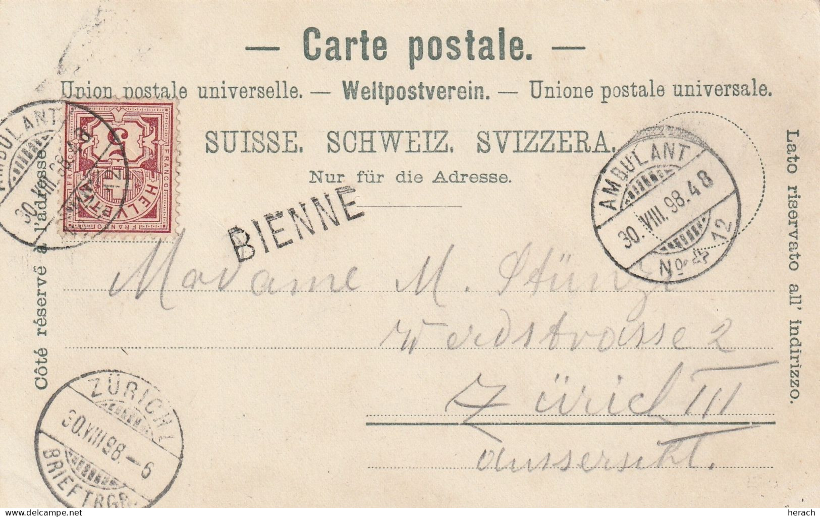 Suisse Ambulant N°12 + Griffe Bienne Sur Carte 1898 - Marcophilie