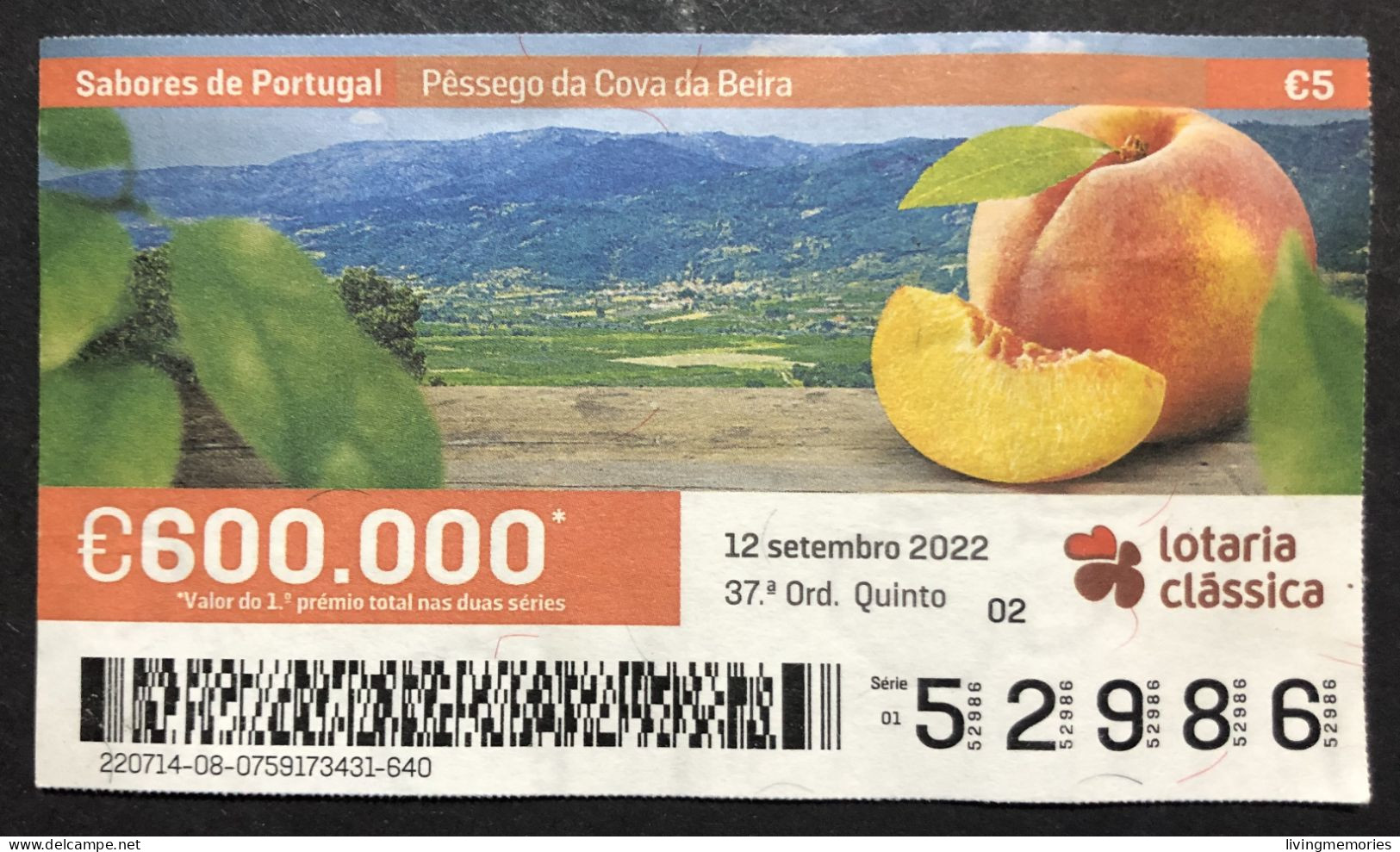 116 P, 1 X  Lottery Ticket, Portugal, « SABORES DE PORTUGAL », « PESSEGO DA COVA DA BEIRA », 2022 - Billets De Loterie