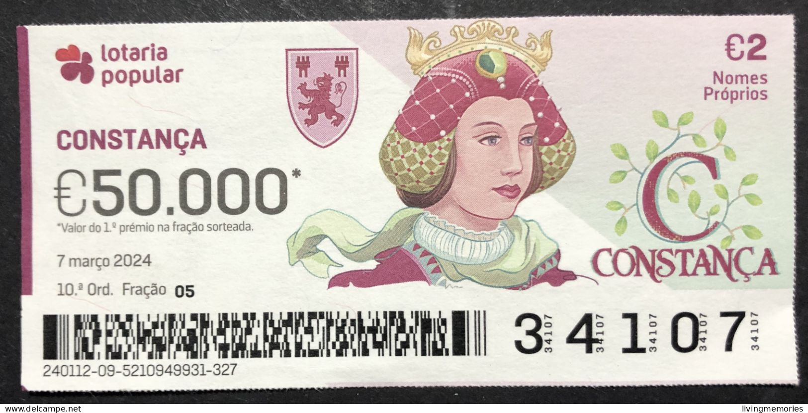 116 P, 1 X Lottery Ticket, Portugal, « NOMES Próprios: CONSTANÇA », « First NAMES: CONSTANÇA », «NOM: CONSTANÇA »,  2024 - Billetes De Lotería