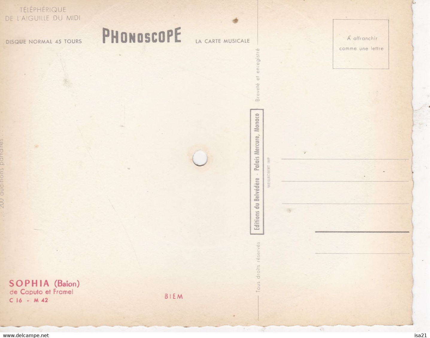 Disque Normal 45 Tours Sur Carte Postale PHONOSCOPE: SOPHIA (Baïon), Téléphérique De L'Aiguille Du Midi - Music And Musicians