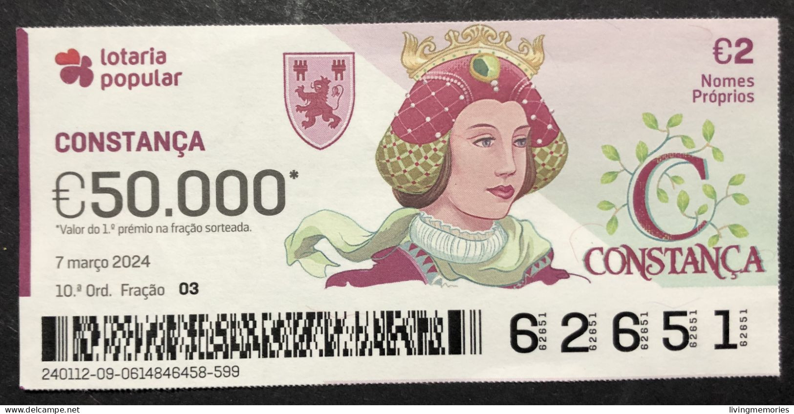 116 P, 1 X Lottery Ticket, Portugal, « NOMES Próprios: CONSTANÇA », « First NAMES: CONSTANÇA », «NOM: CONSTANÇA »,  2024 - Biglietti Della Lotteria