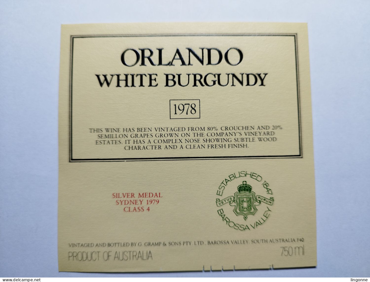 1978 Etiquette AUSTRALIA ORLANDO WHITE BURGUNDY SILVER MEDAL 1979 BAROSSA VALLEY - Otros & Sin Clasificación
