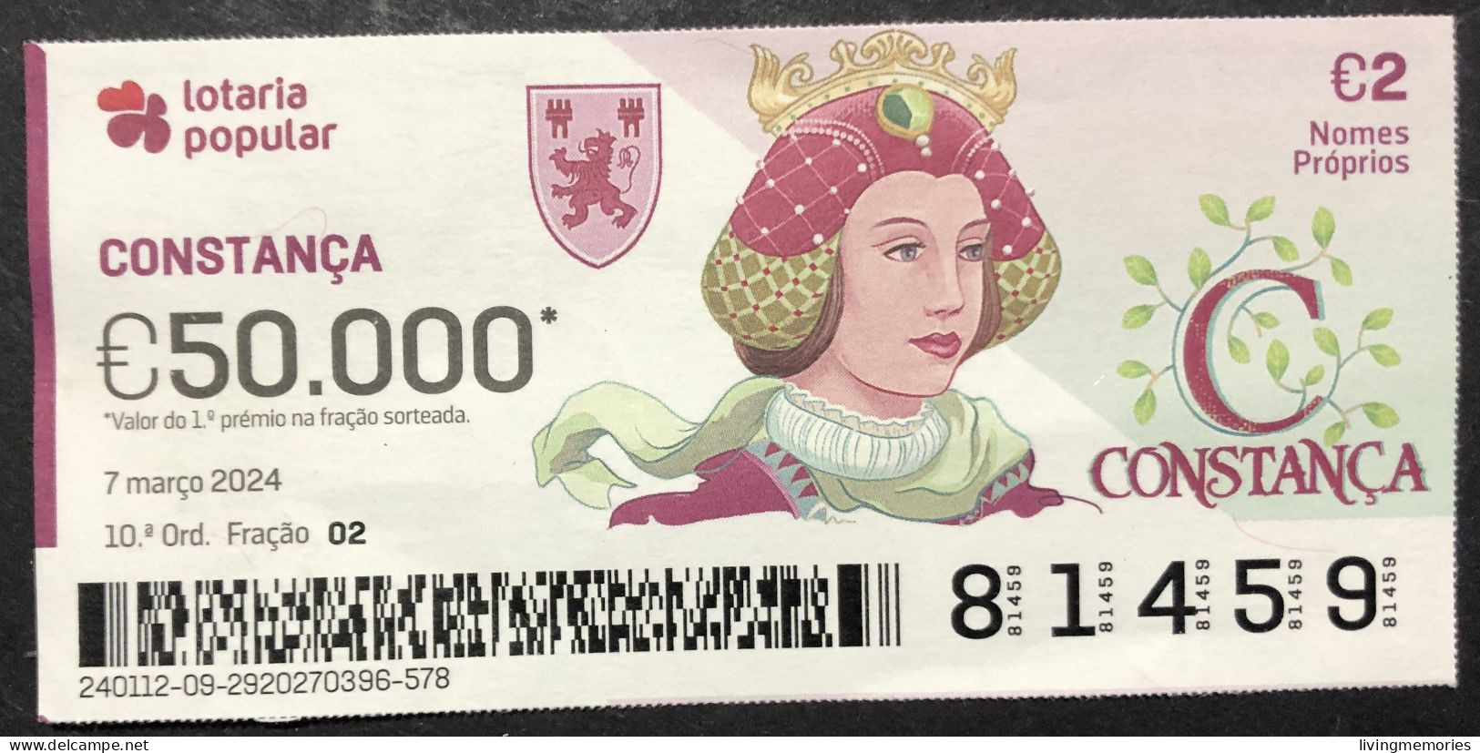 116 P, 1 X Lottery Ticket, Portugal, « NOMES Próprios: CONSTANÇA », « First NAMES: CONSTANÇA », «NOM: CONSTANÇA »,  2024 - Billetes De Lotería