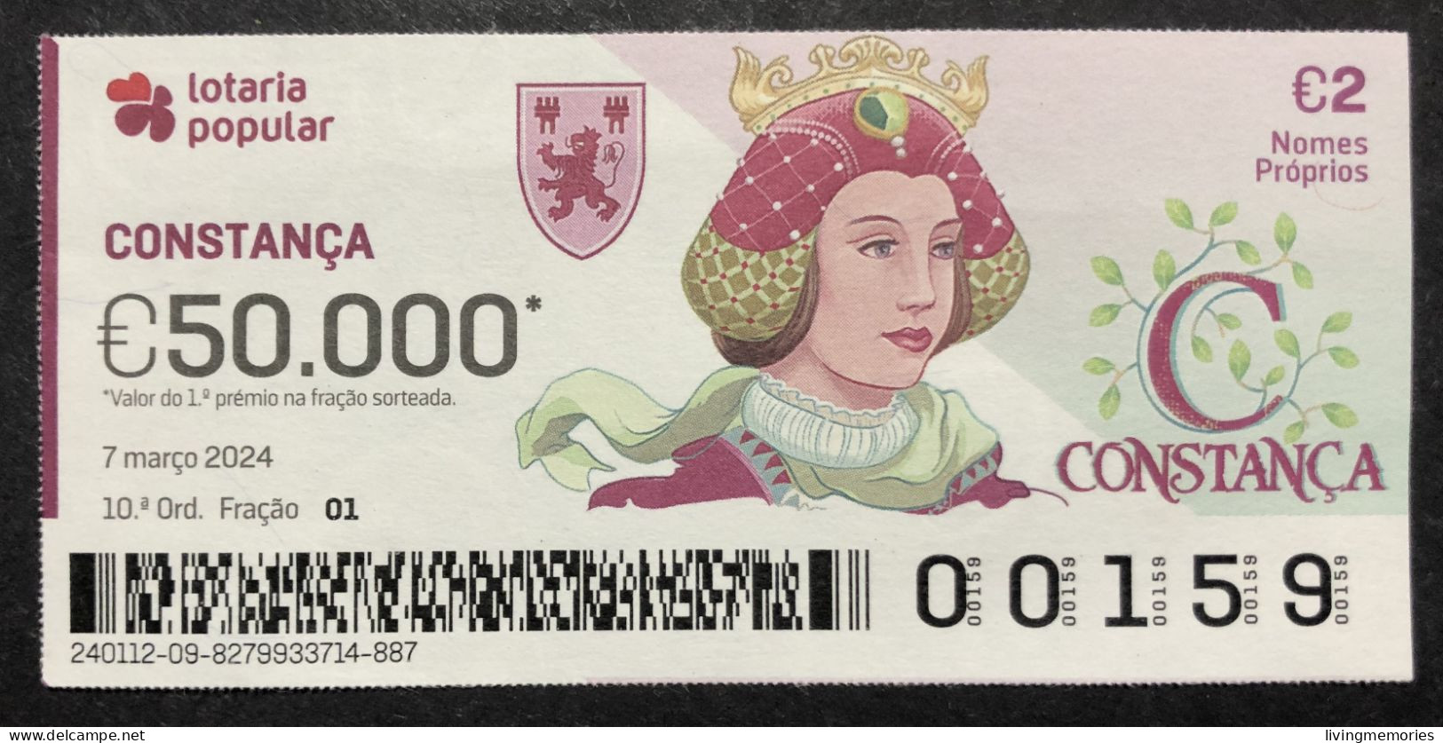 116 P, 1 X Lottery Ticket, Portugal, « NOMES Próprios: CONSTANÇA », « First NAMES: CONSTANÇA », «NOM: CONSTANÇA »,  2024 - Billetes De Lotería
