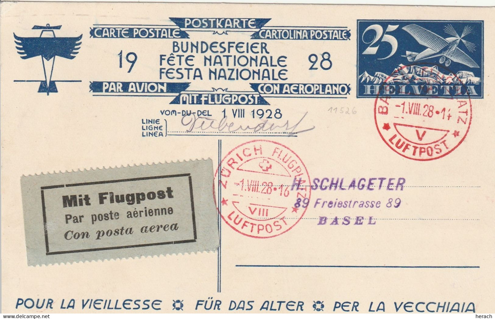 Suisse Entier Postal Illustré Aviation Zürich1928 - Entiers Postaux