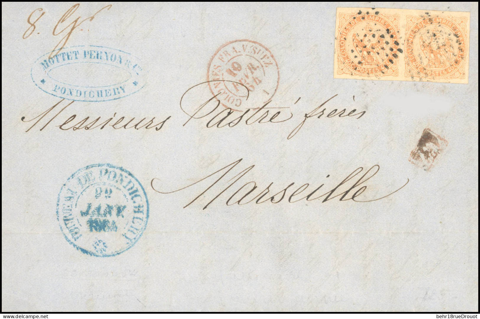 Obl. INDE - PONDICHERY. Timbres De Colonies Générales N° 5. Paire Du 40c. Aigle S/lettre Frappée Du Grand Cachet BUREAU  - Other & Unclassified