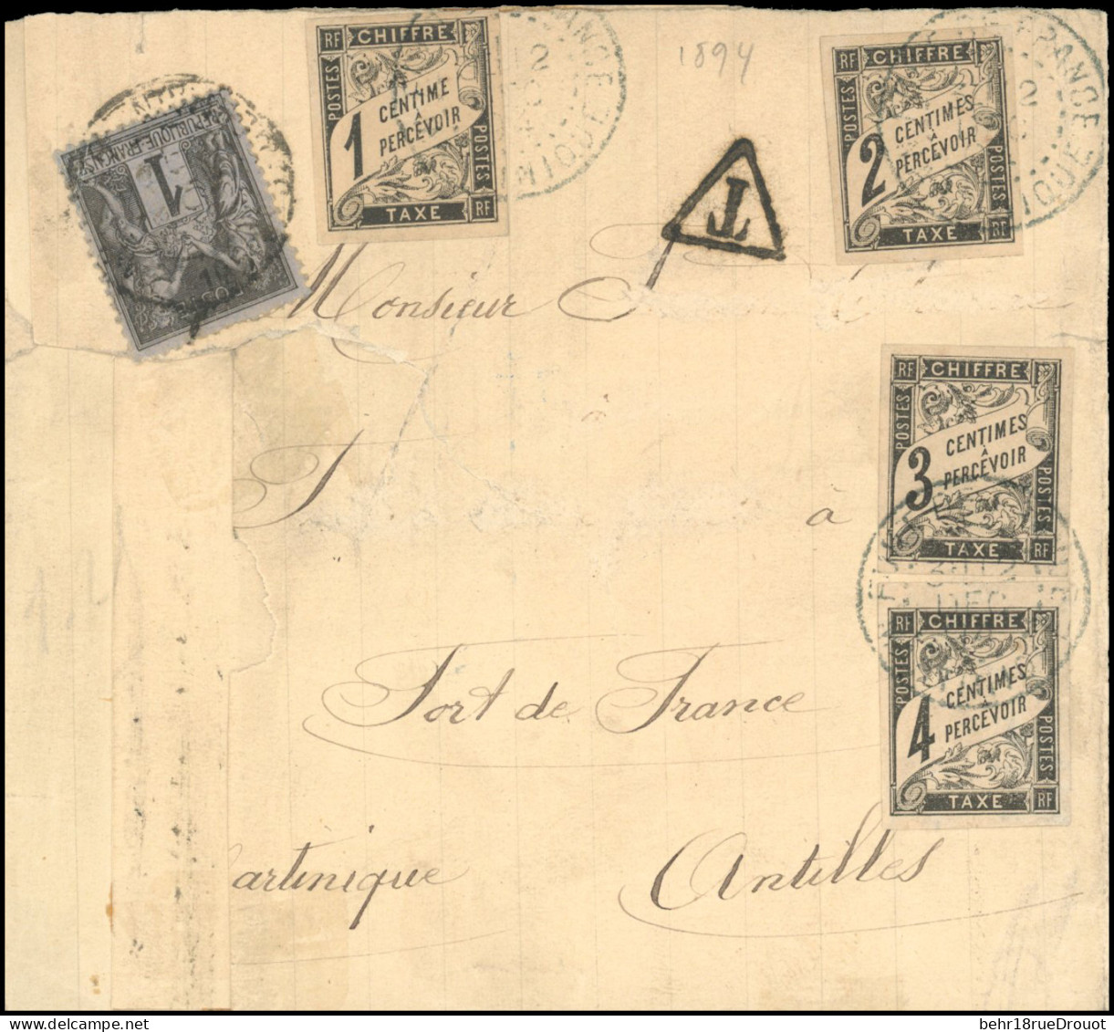 Obl. 10+ 11 +12 + 13 - Timbres-Taxe. Lettre Partielle Affranchie à L'aide D'un 1c. à Destination De FORT-DE-FRANCE - MAR - Andere & Zonder Classificatie