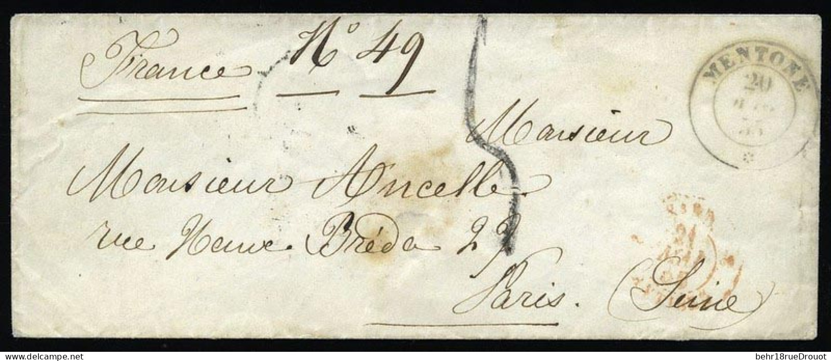 Obl. Lettre Frappée Du CàD De MENTONE Du 20 Mai 1855 à Destination De PARIS Et Taxée à 6 Décimes. TB. - Other & Unclassified