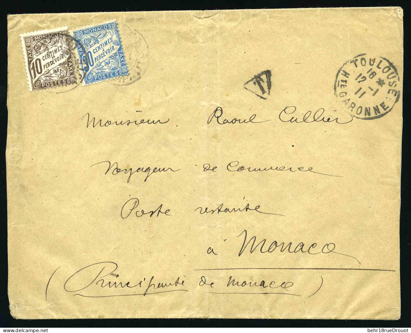 Obl. Timbres-Taxe. Lettre De TOULOUSE Non Affranchie à Destination De MONACO. Taxé Avec Timbre De Monaco Du N°4 Et 6. TB - Sonstige & Ohne Zuordnung