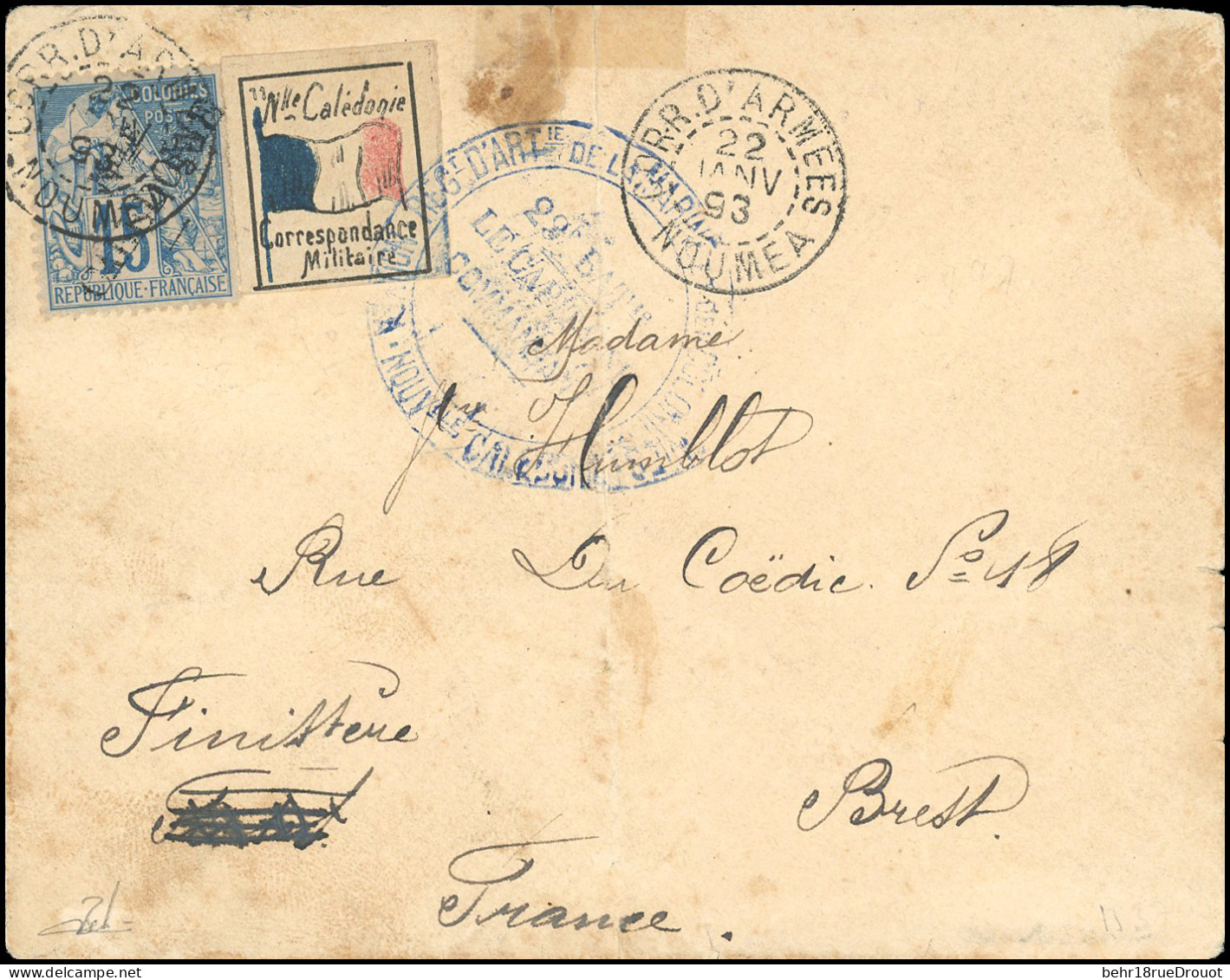 Obl. 26 - 15c. Bleu + Vignette De Correspondance Militaire Obl. S/lettre Frappée Du CàD Du CORR. D'ARMEES - NOUMEA Du 22 - Otros & Sin Clasificación