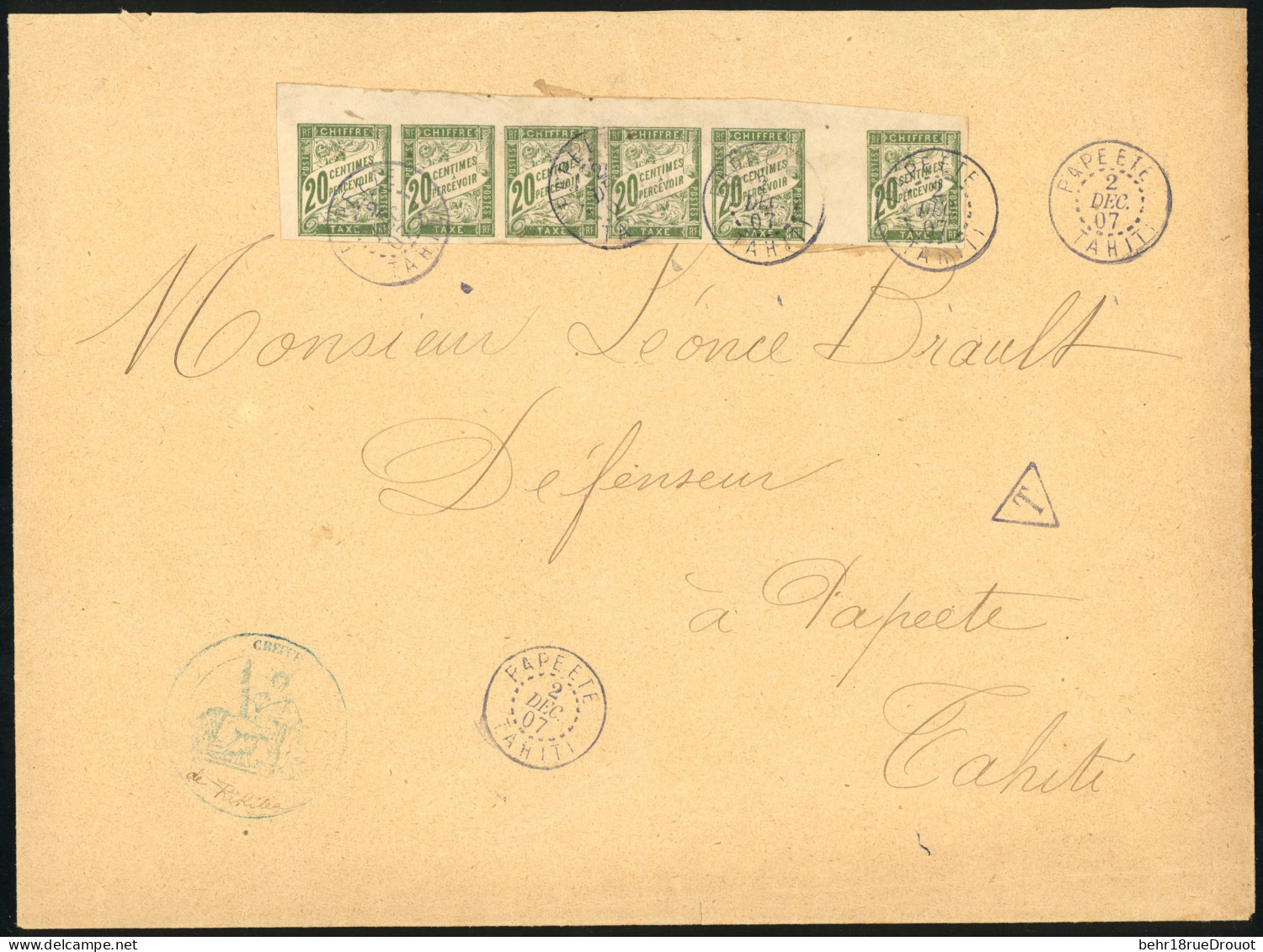 Obl. Timbres-Taxe De Colonies Générales N° 21. 20c. Olive, Bande De 6, Obl. S/grande Lettre Frappée Du Grand Cachet ''GR - Other & Unclassified