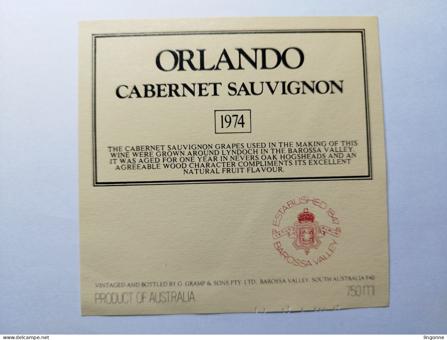 1974 Etiquette AUSTRALIA ORLANDO CABARNET SAUVIGNON BAROSSA VALLEY - Otros & Sin Clasificación