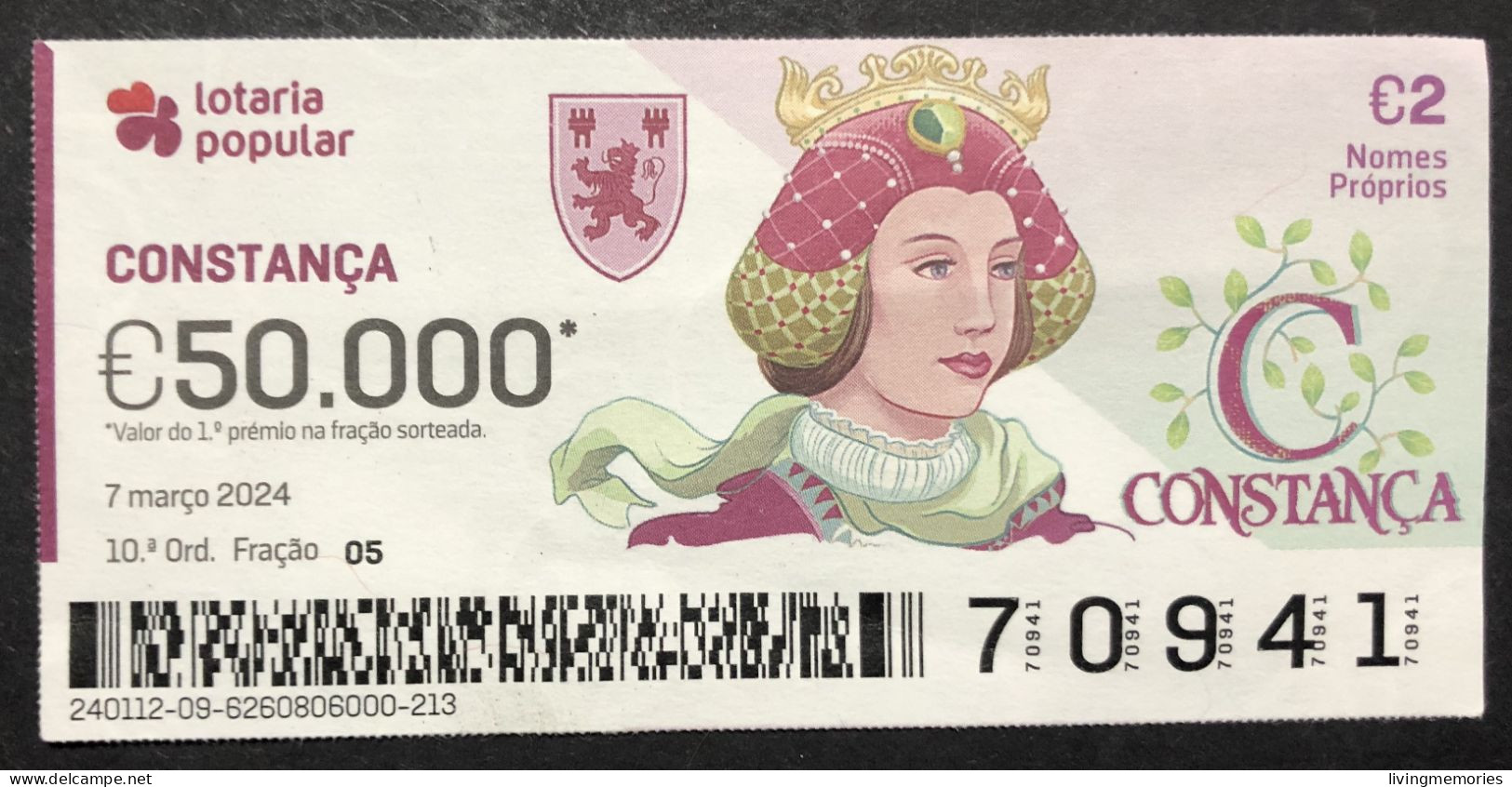 116 P, 1 X Lottery Ticket, Portugal, « NOMES Próprios: CONSTANÇA », « First NAMES: CONSTANÇA », «NOM: CONSTANÇA »,  2024 - Billets De Loterie