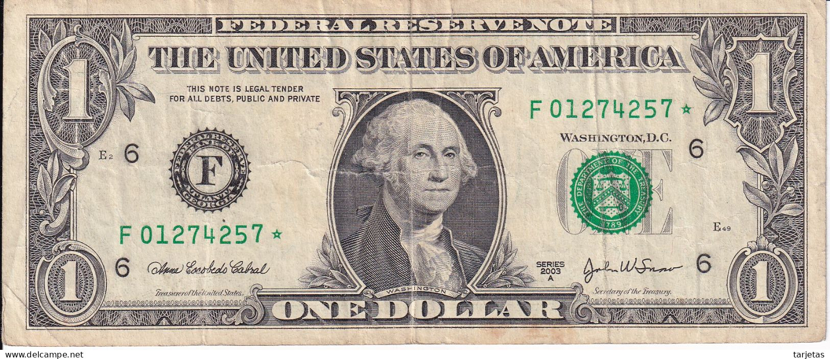 STAR REPLACEMENT - BILLETE DE ESTADOS UNIDOS DE 1 DOLLAR DEL AÑO 2003 LETRA F - ATLANTA  (BANK NOTE) - Federal Reserve (1928-...)