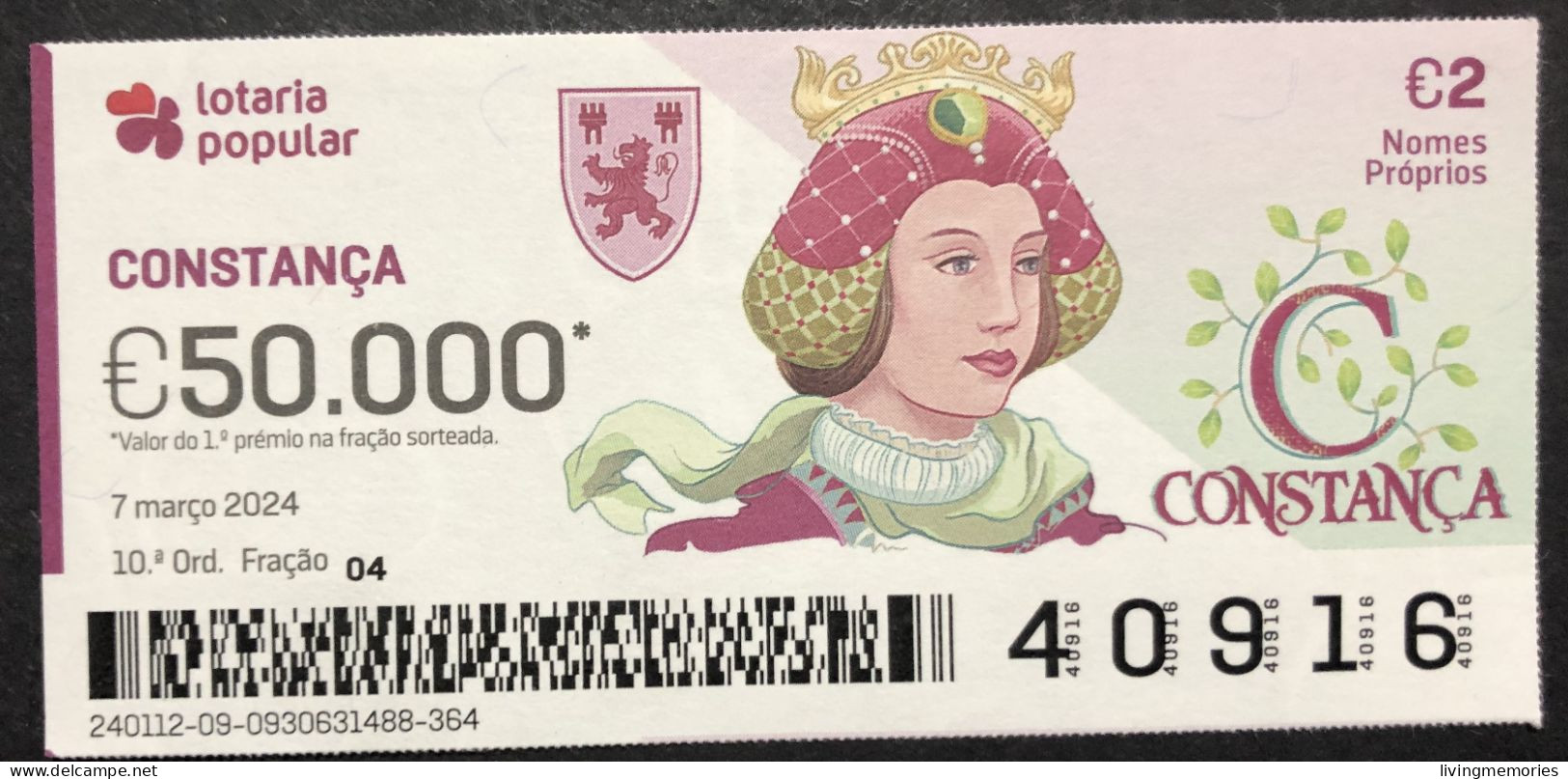 116 P, 1 X Lottery Ticket, Portugal, « NOMES Próprios: CONSTANÇA », « First NAMES: CONSTANÇA », «NOM: CONSTANÇA »,  2024 - Billets De Loterie