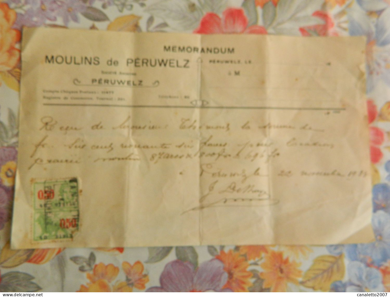 PERUWELZ: RECU DES MOULINS DE PERUWELZ DE 1933 AVEC TIMBRE FISCAL - Ohne Zuordnung