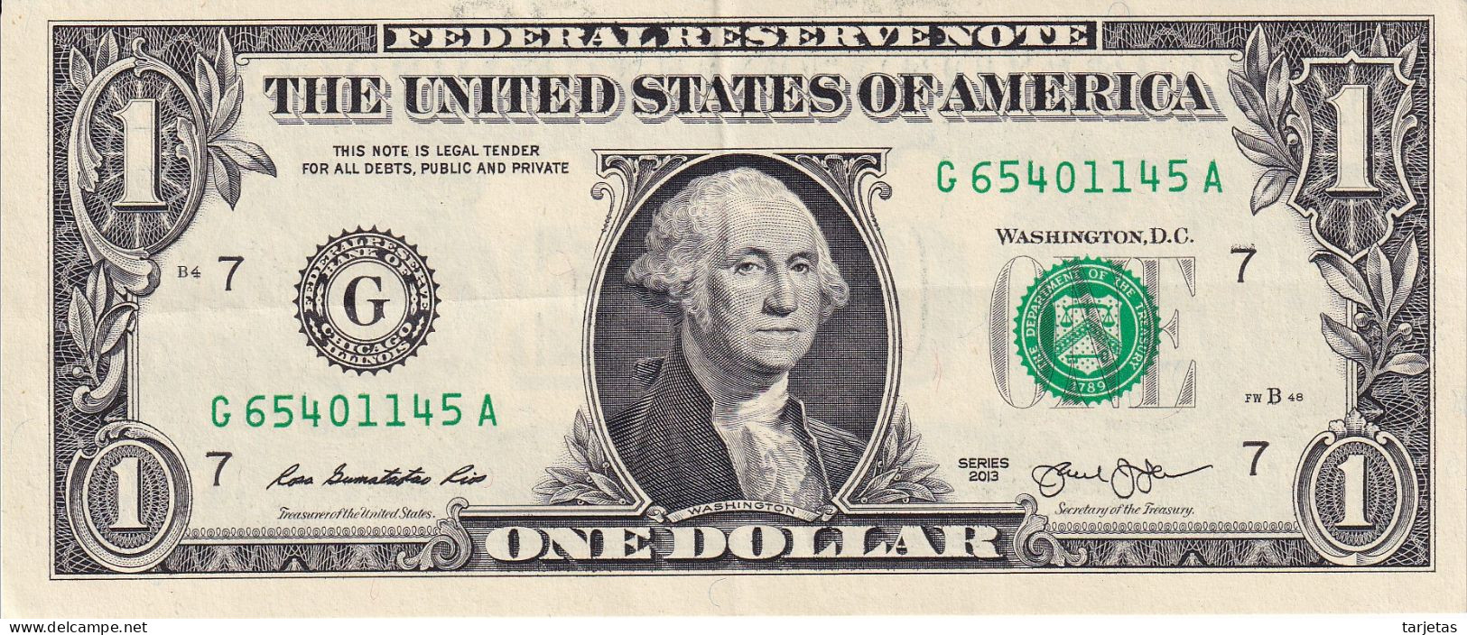 BILLETE DE ESTADOS UNIDOS DE 1 DOLLAR DEL AÑO 2013 LETRA G - CHICAGO  (BANK NOTE) - Biljetten Van De  Federal Reserve (1928-...)