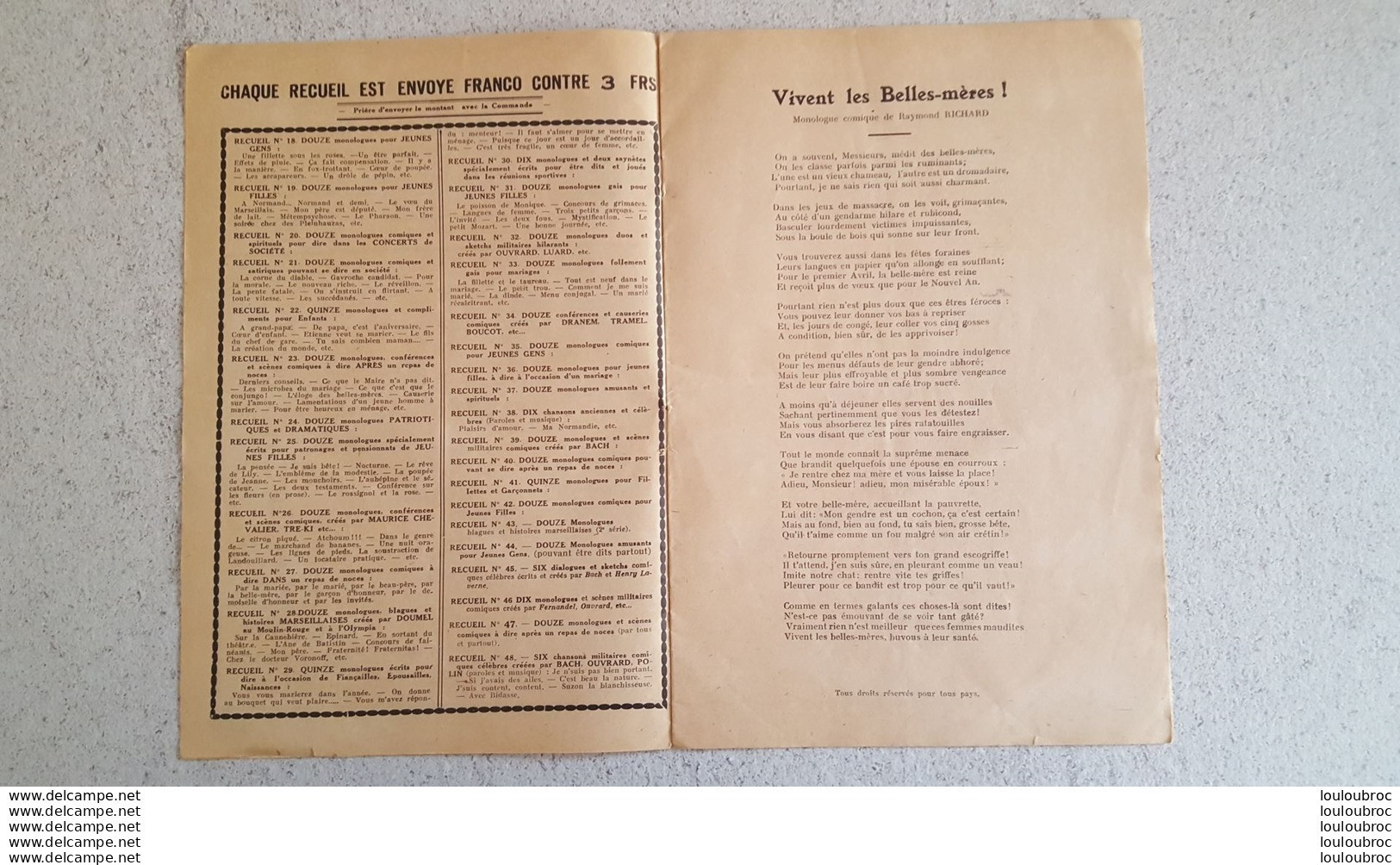 RECUEIL DE DOUZE MONOLOGUES  ET SCENES COMIQUES A DIRE APRES UN REPAS DE NOCES EDITIONS JEAN PICOT 16 PAGES - Ohne Zuordnung