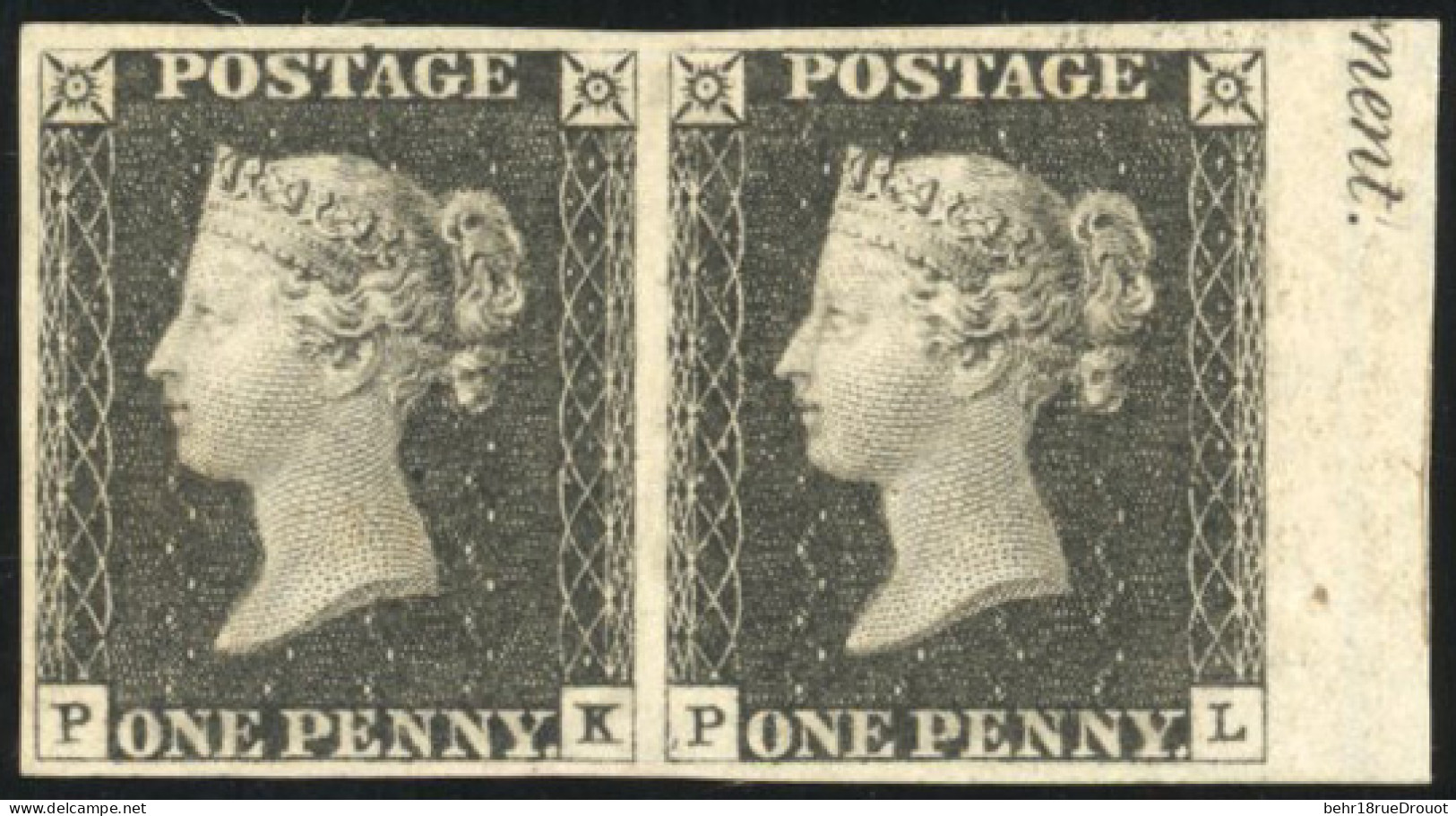 * SG#1 - 1840. 1d. Greyish Black. Plate 3. Watermark Small Crown. Imperforate. Horizontal Pair Lettered P-K/P-L. Letter  - Autres & Non Classés
