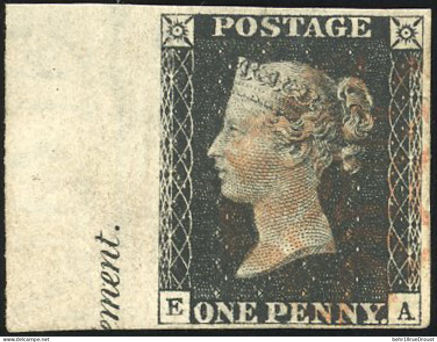 Obl. SG#1 - 1840. 1d. Black. Plate 6. Wmk. Small Crown. Imperf. Lettered E-A Used. A Superb 'left-hand' Marginal Inscrip - Other & Unclassified