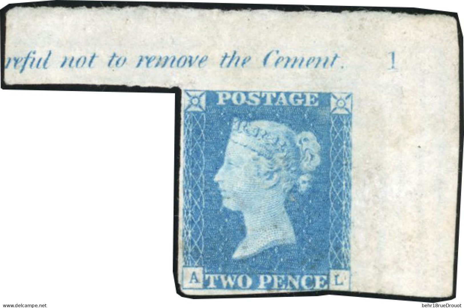 (*) SG#DS6 - 1840. 2d. Blue. Plate 1. Wmk. Small Crown. Imperf. Lettered A-L (SG Spec DS6). Top Corner Sheet Marginal Sh - Other & Unclassified