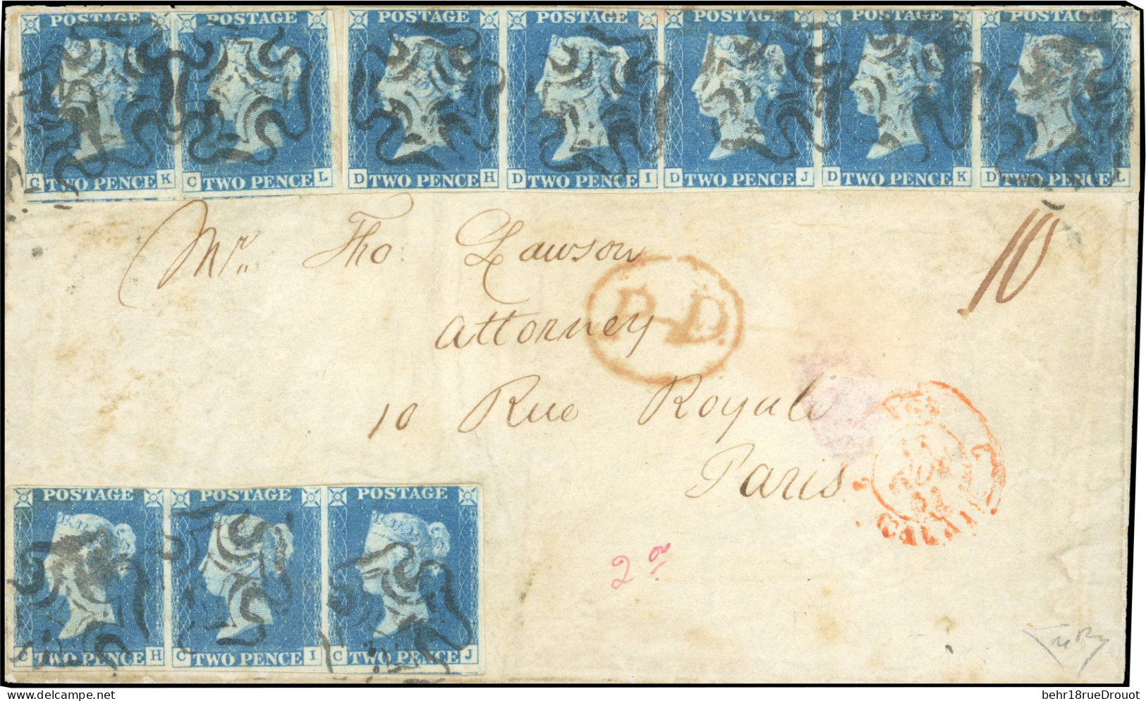 Obl. SG#13 - 1841. Entire To Paris. Franked With Horizontal Pair, Horizontal Strips Of Five And Three 1840 2d Blue. Plat - Other & Unclassified