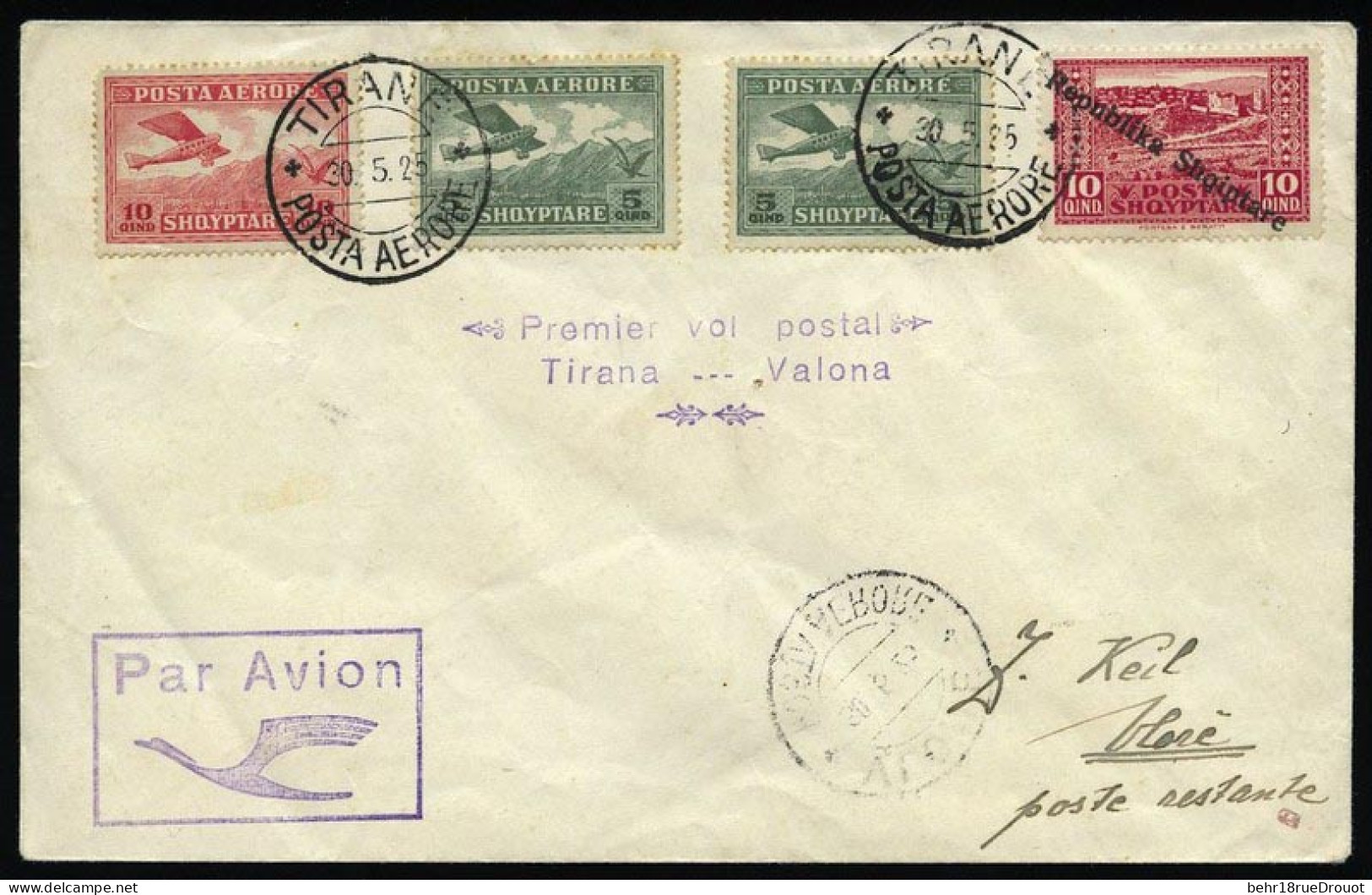 Obl. 1+ 2 - Poste Aérienne. 5q. X 2 + 10q. + TP N°154 Obl. Du CàD De TIRANE Du 30.5.25 S/aérogramme 1er Vol TIRANA VALON - Albanien