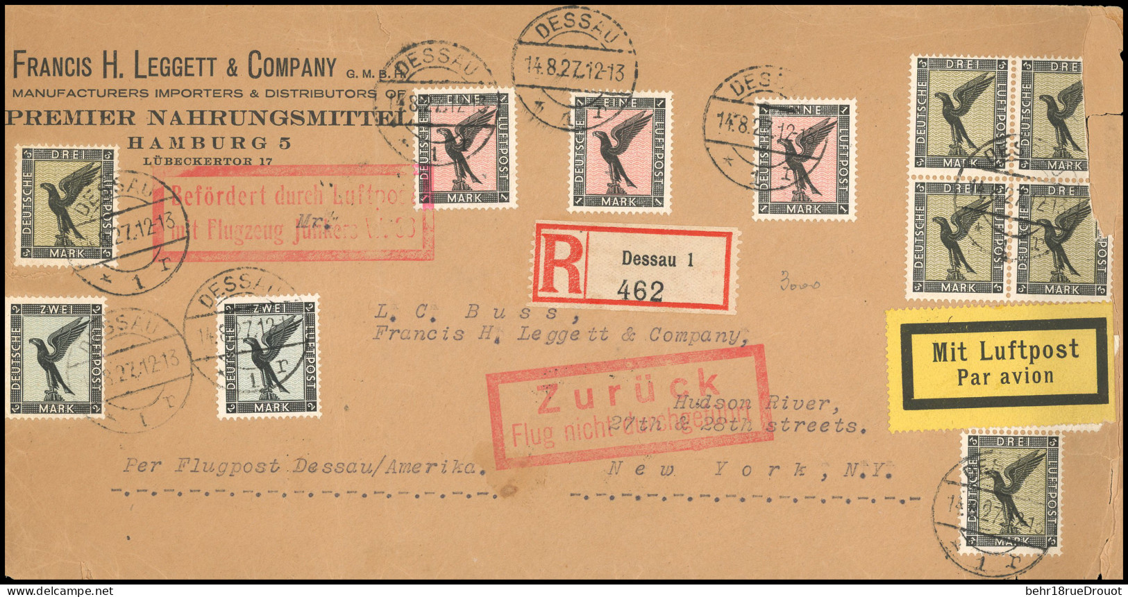 Obl. 32x 3 - Poste Aérienne. + 33 X 2 + 34 X 5. S/lettre Recommandée (VOL DESSAU AMERICA) Frappée De La Griffe ''ZURUCK  - Autres & Non Classés