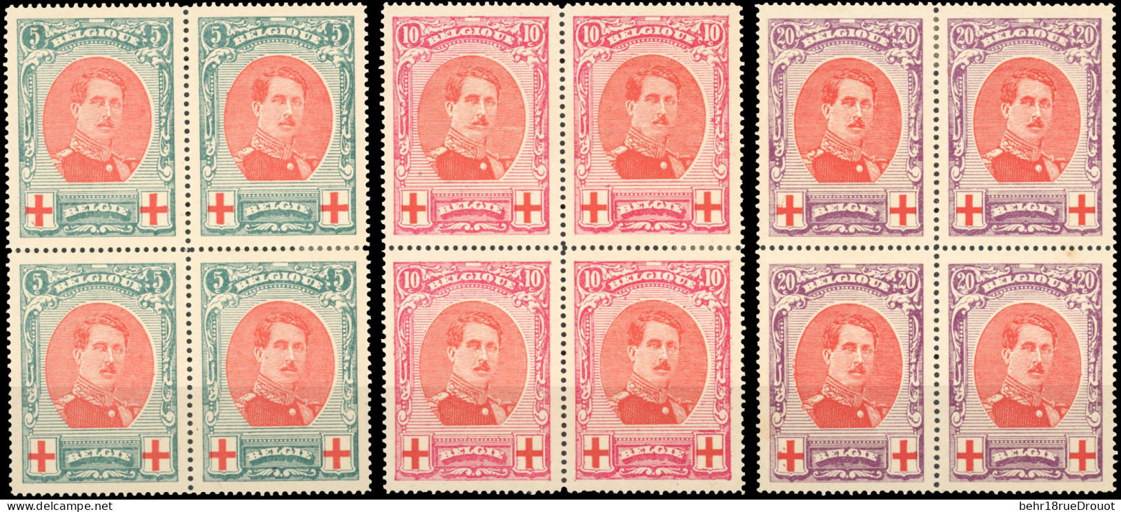 ** COB#132/134 - Série Croix-Rouge En Blocs De Quatre. Tous Dentelés 14. 6 Timbres *. Variété Torsade Sur Le 20c. Point  - Other & Unclassified