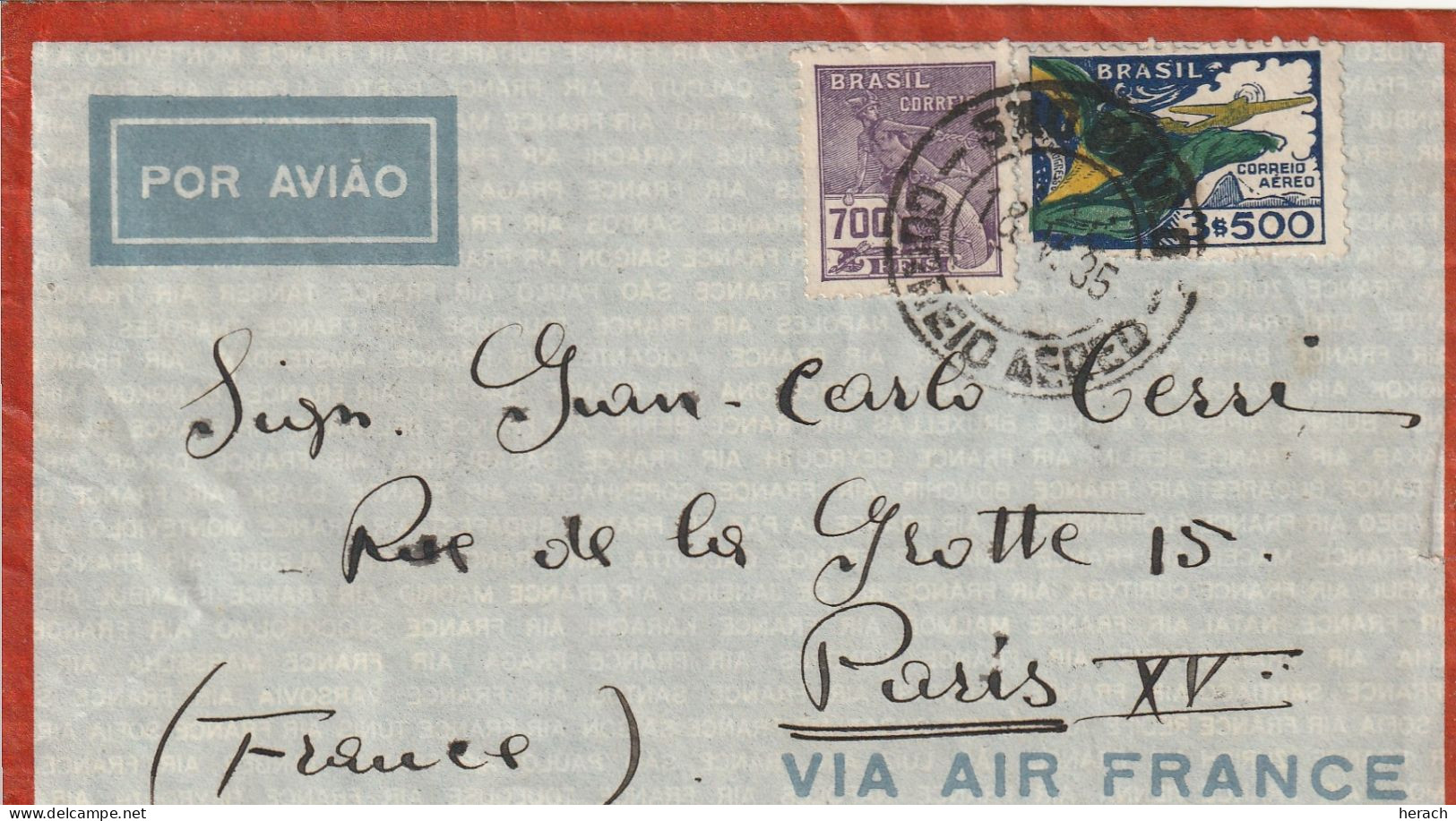 Brésil Lettre Pour La France 1935 - Brieven En Documenten