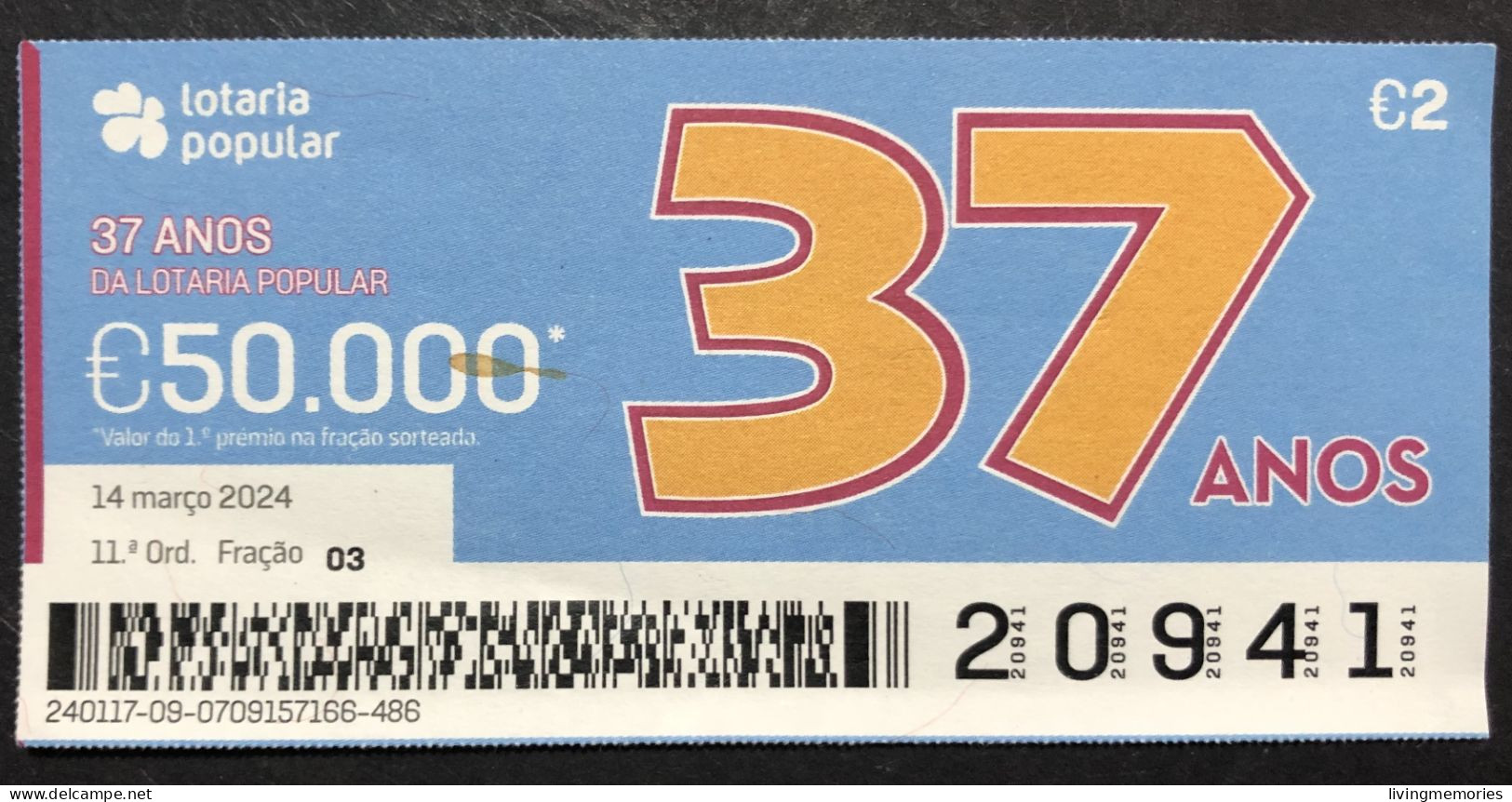 116 P, 1 X Lottery Ticket, Portugal, « Lotaria Popular »,  « 37 Anos », « 37 Years », 2024 - Billetes De Lotería