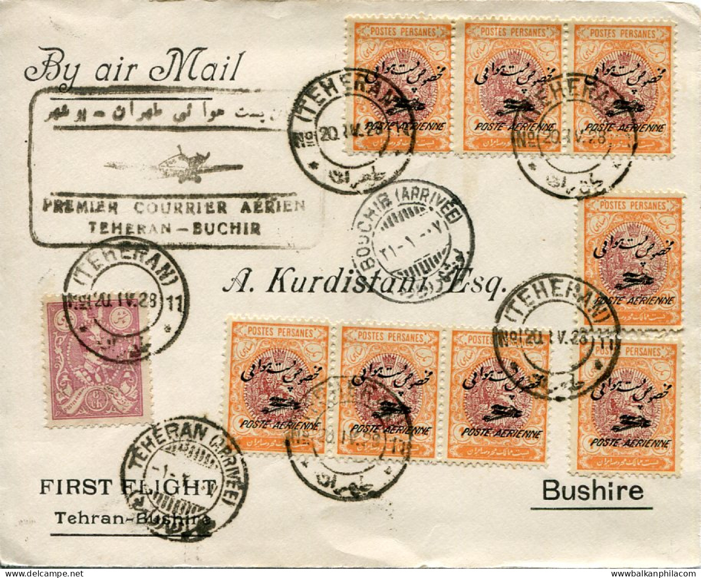 1928 Persia Teheran Bushire First Flight Cover - Azerbaïjan