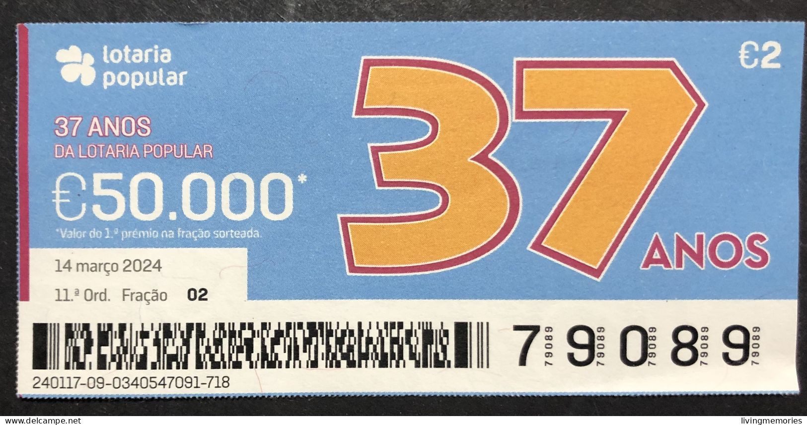 116 P, 1 X Lottery Ticket, Portugal, « Lotaria Popular »,  « 37 Anos », « 37 Years », 2024 - Lottery Tickets