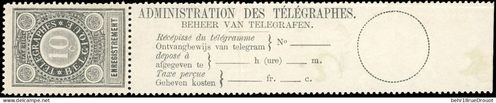 ** COB#RT1a - Timbres Télégraphe. 10c. Noir Avec Souche Complète. Pli Sur La Souche. TB. - Otros & Sin Clasificación