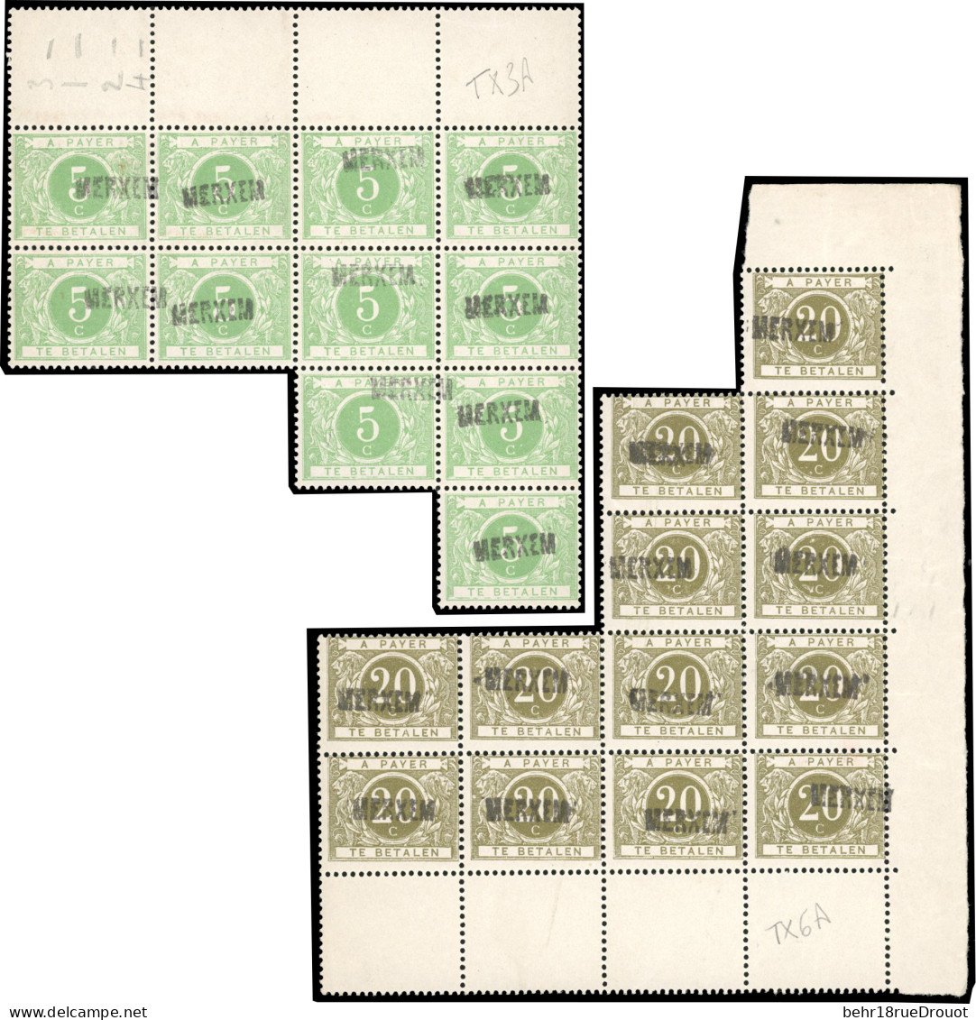 ** COB#TX3Ax 11 - Timbres-Taxe. + TX6A X 13. 5c. Vert, Bloc 11, HdeF + 20c. Bronze, Bloc De 13, Coin De Feuille. Surchar - Otros & Sin Clasificación