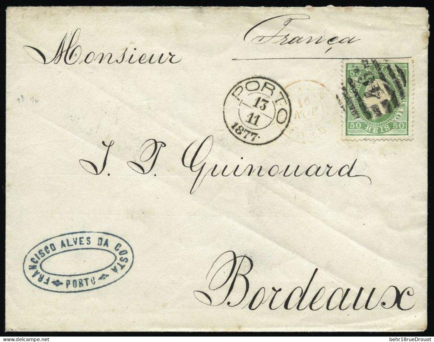 Obl. 41 - 50r. Vert Obl. Du CàD De PORTO Du 13.11.1877 S/lettre à Destination De BORDEAUX. SUP. - Altri & Non Classificati