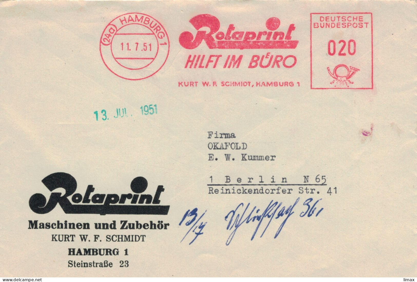 EMA Rotaprint Hilft Im Büro 24a Hamburg 1951 Kurt W. F. Schmidt - Machines à Affranchir (EMA)