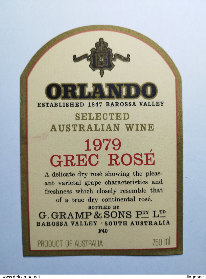 1979 Etiquette AUSTRALIA ORLANDO GREC ROSE SELECTED AUSTRALIN WINE BAROSSA VALLEY - Otros & Sin Clasificación