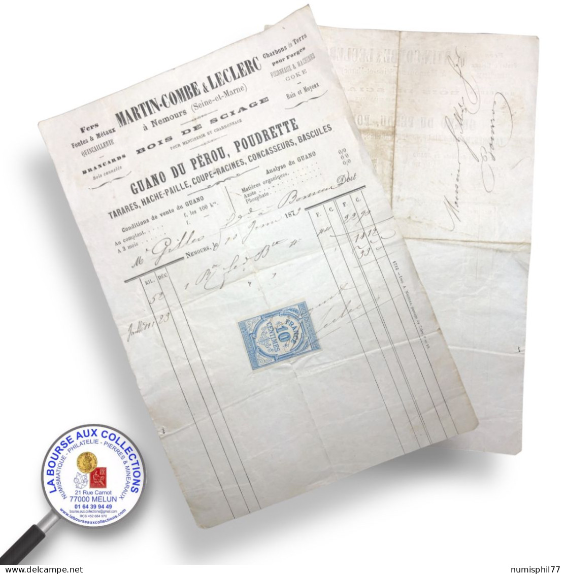 QUITTANCE 10 C Bleu Sur Facture MARTIN-COMBE & LECLERC à NEMOURS (77) 10/01/1879 - Briefe U. Dokumente
