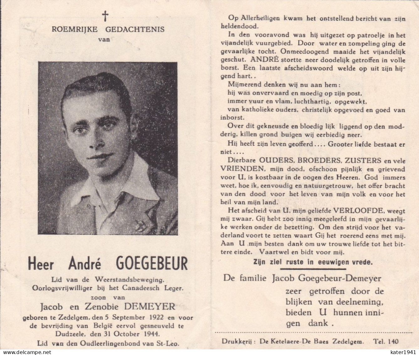 Oorlog 40 45 Goegebeur André ° Zedelgem 05.09.1922 Gesneuveld Dudzele 31.10.1944 - Religione & Esoterismo