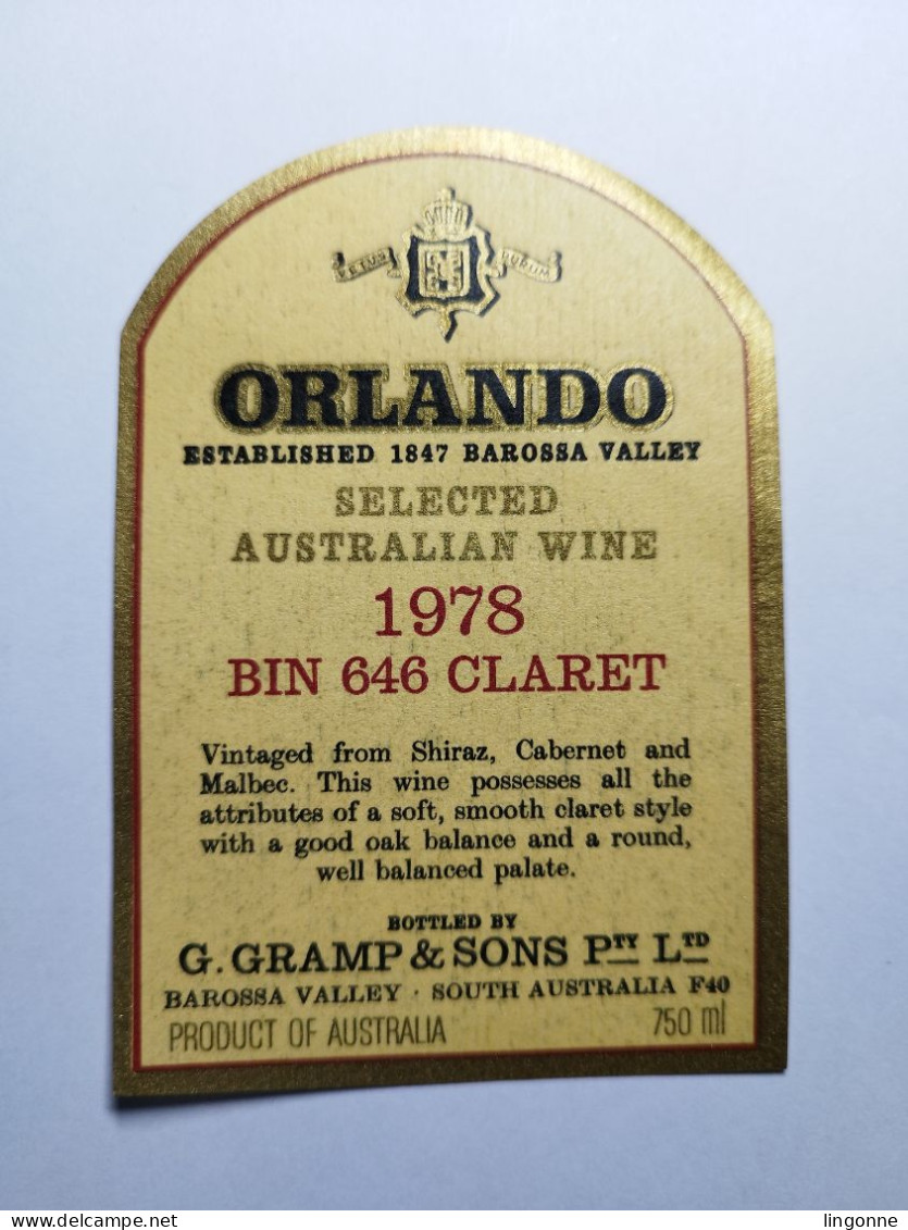 1978 Etiquette AUSTRALIA ORLANDO BIN 646 CLARET SELECTED AUSTRALIAN WINE BAROSSA VALLEY - Otros & Sin Clasificación