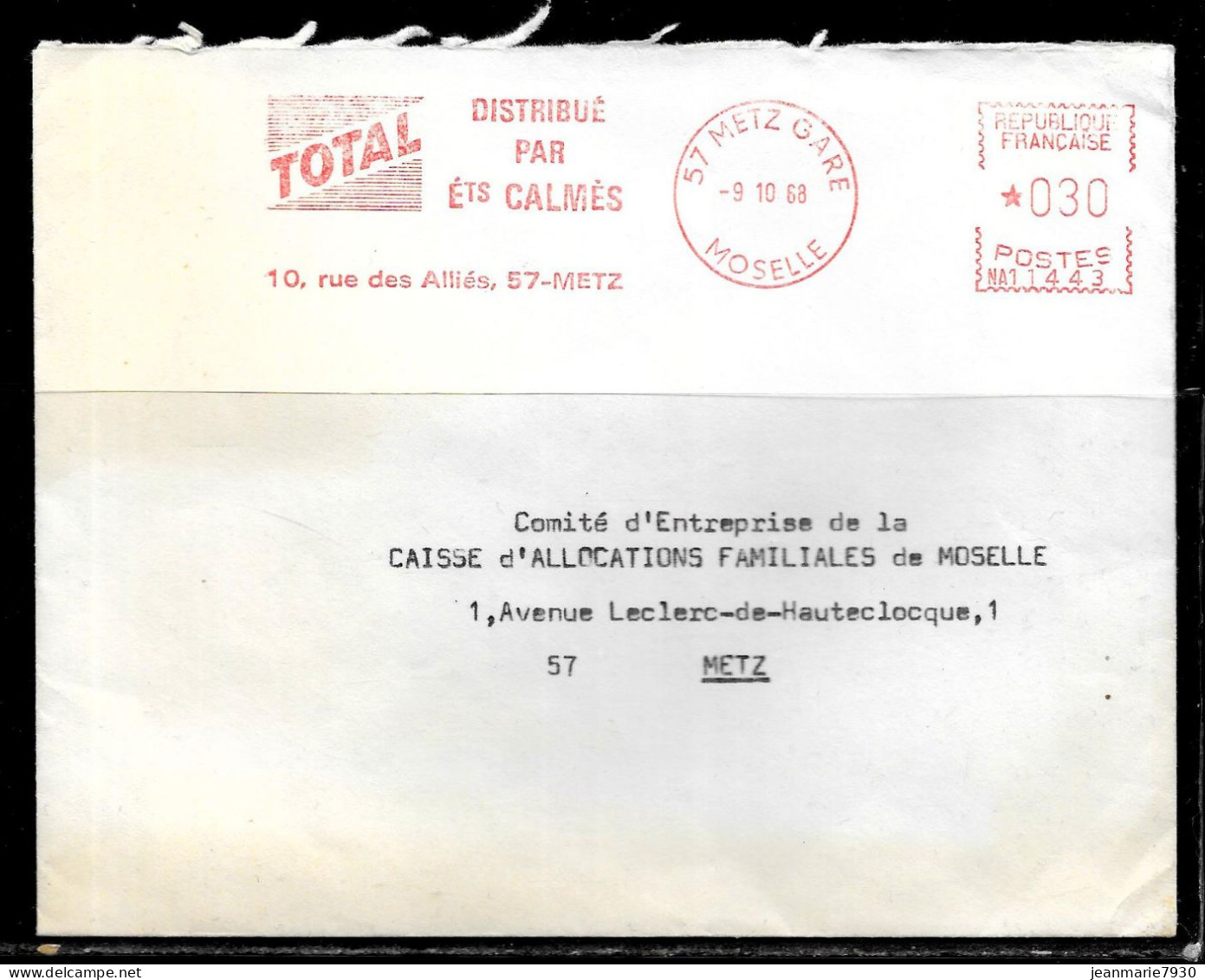 J238 - LETTRE DE METZ DU 09/10/68 - TOTAL - CAF - NA 11443 - Freistempel