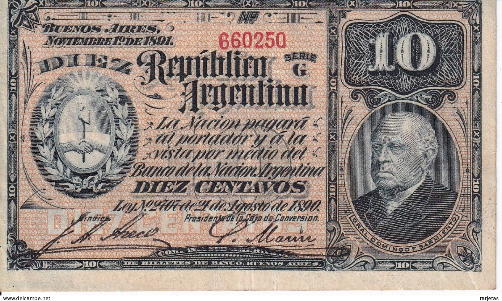 BILLETE DE ARGENTINA DE 10 CENTAVOS DEL AÑO 1891 EN CALIDAD EBC (XF) (BANKNOTE) - Argentinië
