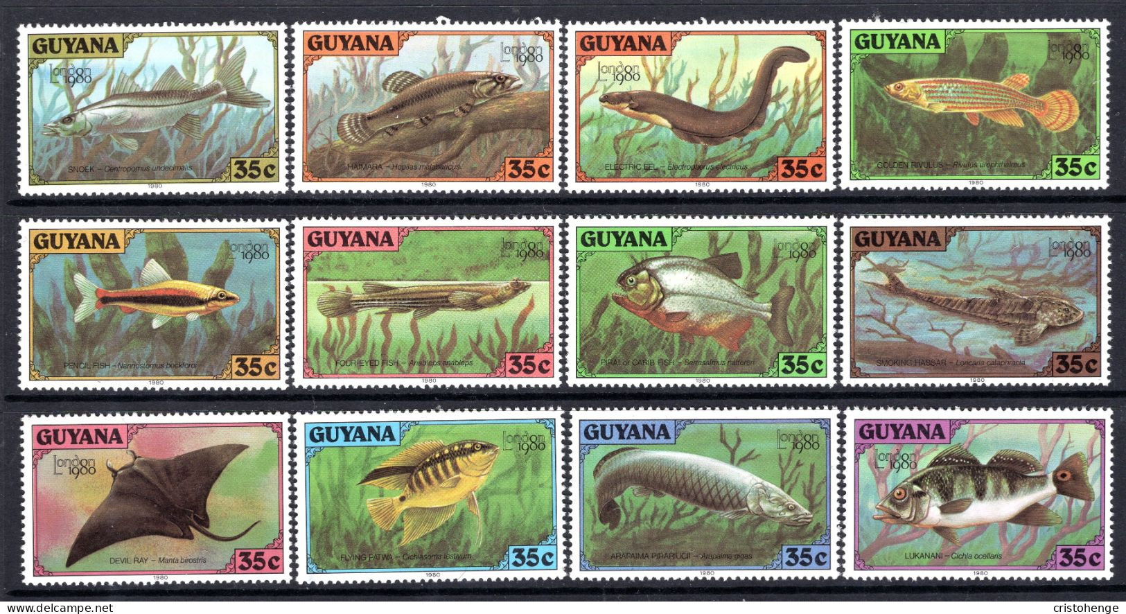 Guyana 1980 London 1980 Stamp Exhibition - Fishes Set HM (SG 733-744) - Guyane (1966-...)