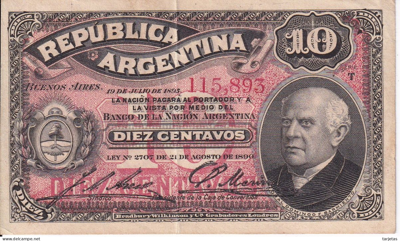 BILLETE DE ARGENTINA DE 10 CENTAVOS DEL AÑO 1895 EN CALIDAD EBC (XF) (BANKNOTE) - Argentine