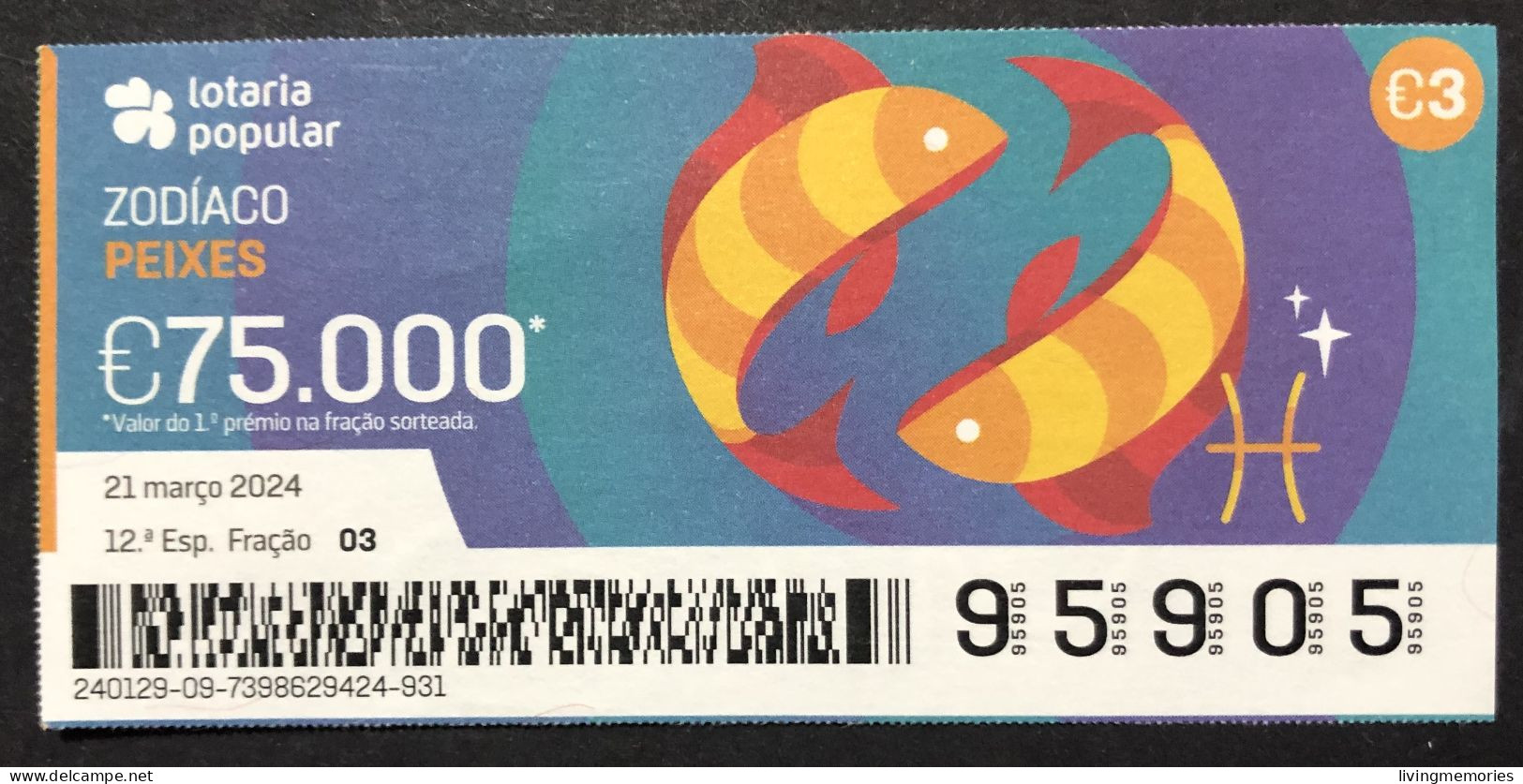 116 P, 1 X Lottery Tickets, Portugal, « ZODÍACO, PEIXES », « ZODIAC, FISHES », 2024 - Billetes De Lotería