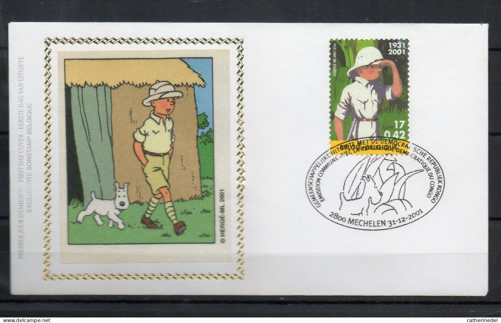 Année 2001 : FDC - 3048 Soie - Hergé : Tintin Kuifje - Obli. Mechelen - 2001-2010
