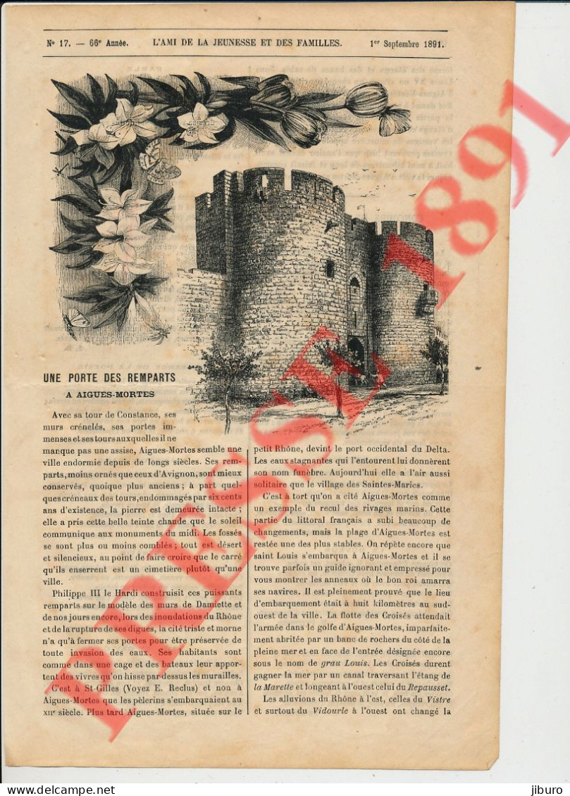 Gravure 1891 Une Porte Des Remparts à Aigues-Mortes Histoire 266CH10 - Ohne Zuordnung
