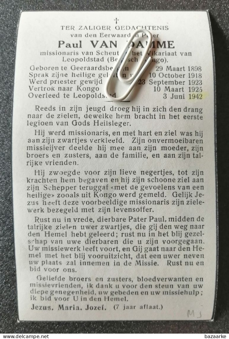 EERW. PATER PAUL VAN DAMME ° GERAARSDBERGEN 1898 + LEOPOLDSTAD 1942 / MISSIONARIS VAN SCHEUT /LEOPOLDSTAD BELGISCH CONGO - Images Religieuses